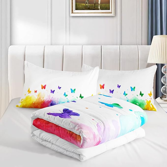 CVHOUSE Butterfly Bedding Set,Butterfly Comforter Queen,Butterfly Comforter Set for Girls Kids Teens,Butterflies Quilt Set with 1 Comforter and 2 Pillow Cases- 3 Piece