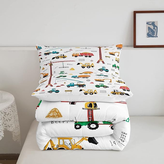 Feelyou Heavy Machinery Truck Bedding Set Tractor Crane Comforter Set for Kids Boys Girls Youth Construction Site Comforter Nursery Decor Quilt Set Room 2Pcs Twin Size