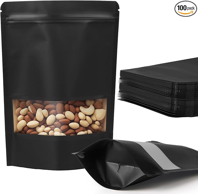 100 Pcs Black Kraft Paper Bags with Window, 5.9" x 8.6" Stand Up Pouches Bags, Food Storage Bags for Packaging Products, Reusable, Sealable