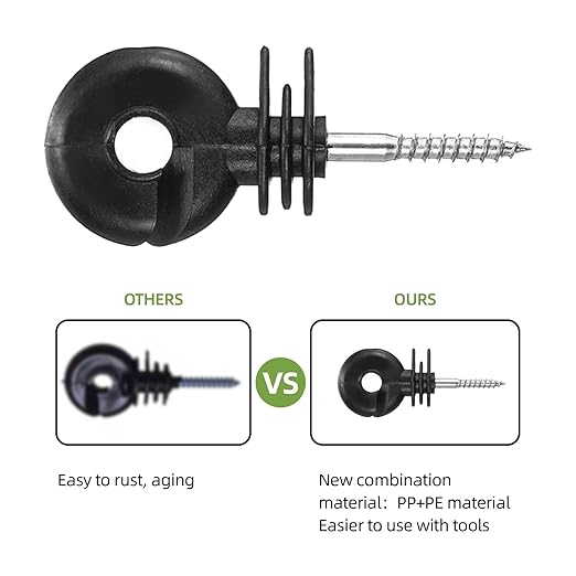 Upgraded Electric Fence Poly Wire 330 Feet 100 Meters and 50 Pcs Black Electric Fence Insulator Screw-in Insulator Fence Ring Wood Post Insulator