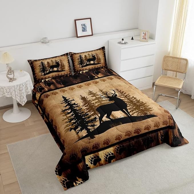 Feelyou Cute Deer Comforter Set for Girls Boys Kids Deer Hunting Bedding Set Room Decorative Bear Paw Print Tree Pattern Bedding Set Exotic Style Brown Duvet Set Queen Size 3Pcs Quilt Set
