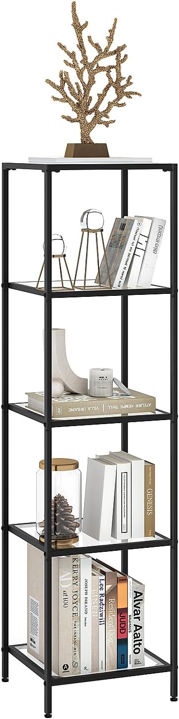 5-Tier Bookshelf,Metal Bookcase,Tempered Glass Shelves,Storage Rack Shelf for Home Office,Living Room,Bedroom, Bathroom,Modern Style, Black