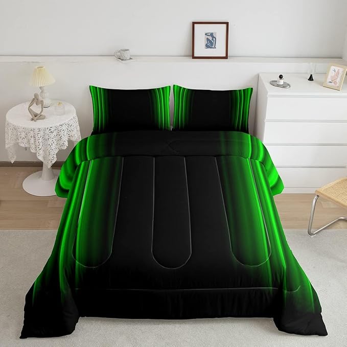 Geometric Abstract Ombre Bedding Bed Set Men Adults Teens Green and Black Striped Comforter Set Kids Boys Girls Simple Modern Comforter Inner Fill Bedroom Collection 3Pcs Full Size