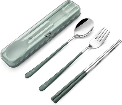 DEVICO Travel Utensils with Case, 18/8 Stainless Steel Silverware for Lunch | 4Pcs Portable Reusable Travel Cutlery Set, Korean Chopsticks Fork and Spoon Set for Camping/Picnic/Work/Gadgets/School, Green