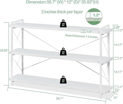 HCHQHS Bookshelf, 3-Tier Long Industrial Bookcase, White Open Book Shelf, Freestanding Horizontal Bookshelves with Metal Frame