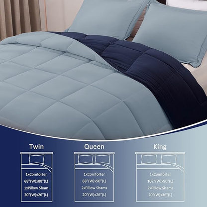 Basic Beyond Queen Comforter Set - Fluffy Comforter Queen Set for All Seasons - Reversible Blue Comforter Set Queen for Mens - 3 Pieces (1 Comforter + 2 Pillow Shams) - Blue/Sapphire