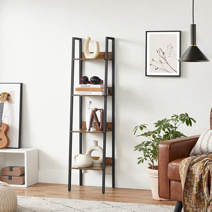 VASAGLE Bookshelf, 4-Tier Narrow Bookcase, Ladder Shelf for Home Office, Living Room, Bedroom, Kitchen, Rustic Brown and Ink Black ULLS108B01