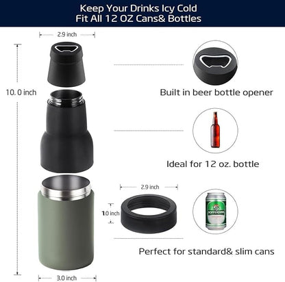 Stepstall Beer Gifts for Men - Beer Bottle & Can Cooler with Opener, 12 oz. Slim Can & Bottle Insulator, Vacuum Insulated Double Walled Stainless Steel (Green)