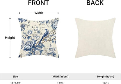 CXMEIFLY Spring Floral Pillow Covers 18 x 18 Inch Set of 2 for Chinoiserie Flowers Bird Decor Throw Pillows Vintage Blue and White Plant Outdoor Decorative Cushion Cases for Couch Bed Decorations