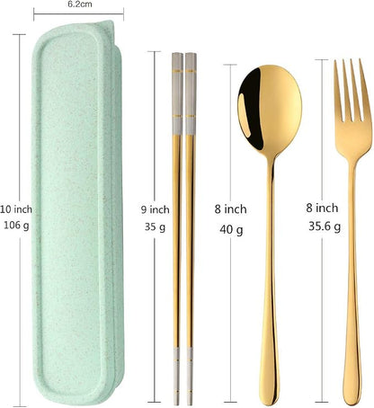 3 PCS Stainless Steel Travel Camping Flatware Set Fork Spoon Chopsticks with Portable Case, Gold