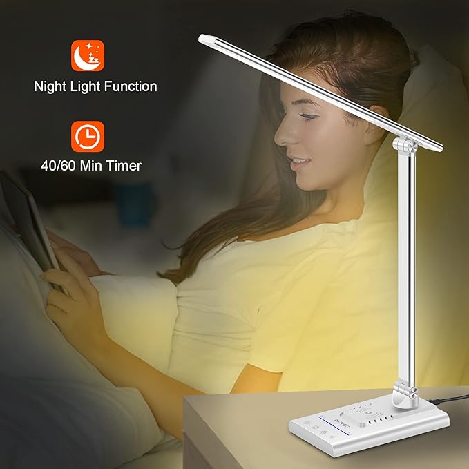 AFROG 5th Gen Multifunctional LED Desk Lamp with USB Charging Port,1800Lux Super Bright,5 Lighting Mode,7 Brightness, Touch Control, Auto Timer, 12W Office Table Lamp