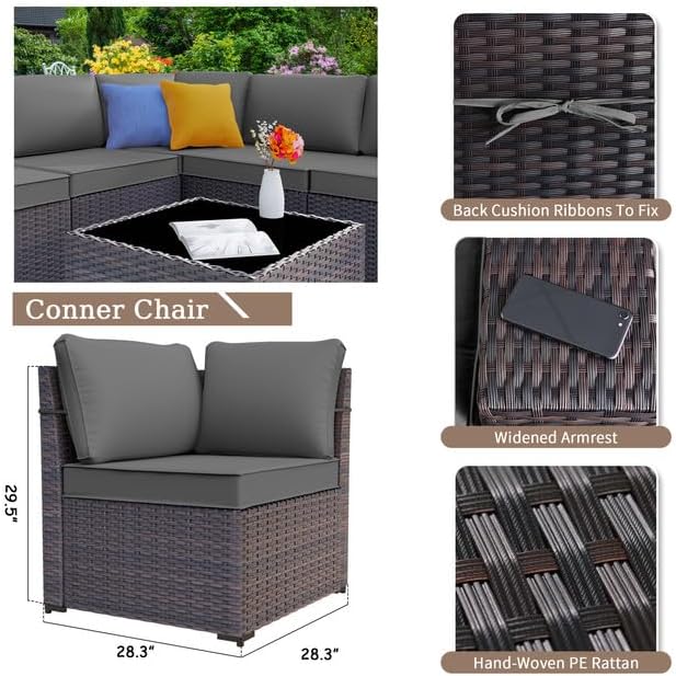 Patio Furniture Sectional Sofa Set 13-Pieces PE Rattan Patio Conversation Set w/43in Gas Fire Pit Table, Outdoor Furniture with 55000 BTU Propane Fire Pit, Grey