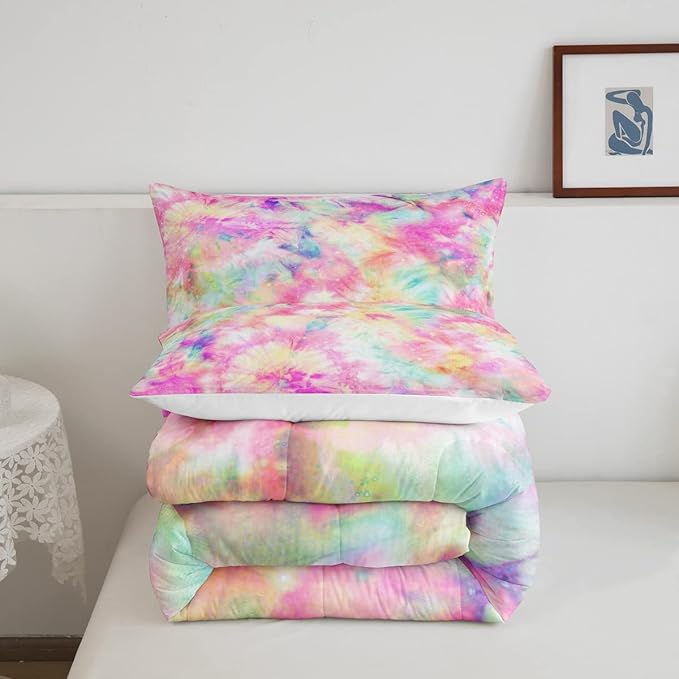 Erosebridal Kids Tie Dye Comforter Set, Bohemian Batik Down Comforter Queen Size, Boho Psychedelic Bedding Comforters for Children Girls Boys Teens Bedroom, Trippy Tattoo Watercolor Quilted Duvet