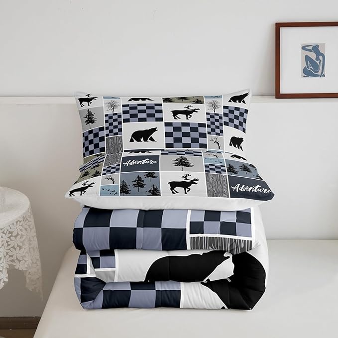 Deer Antler Comforter Set King Size,Bear Rustic Farmhouse Adventure Bedding Set for Kids Boys Girls Adults Room Decor,Pine Trees Plaid Patchwork Down Comforter,Blue Xmas Duvet Insert,2 Pillowcases