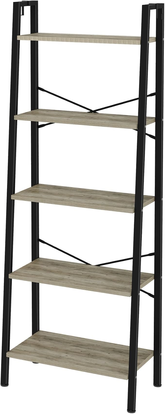 Ladder Shelf, Bookshelf Bookcase, Freestanding Corner Storage Shelve with 2 Hooks for Home Office, Living Room, Kitchen, Bedroom, Industrial, 5-Tier Greige BC19305B