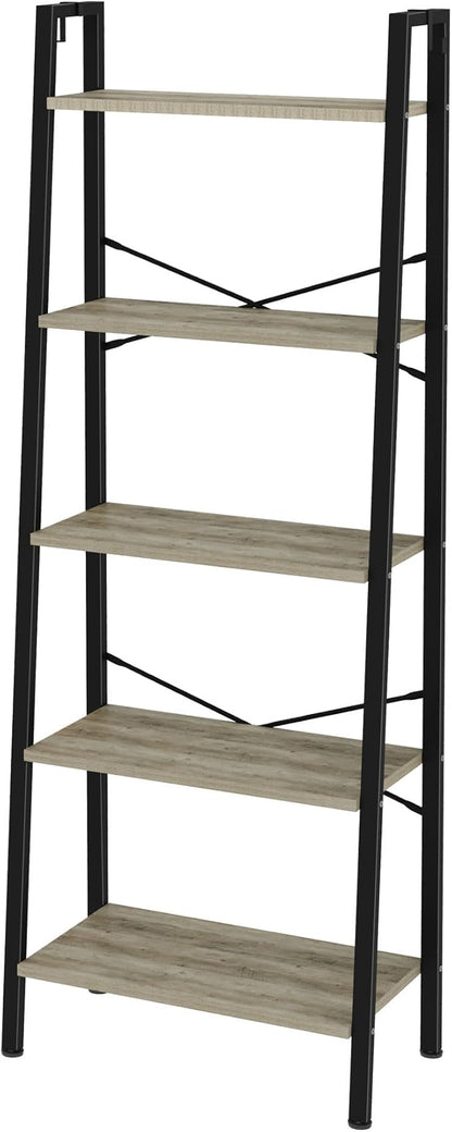 Ladder Shelf, Bookshelf Bookcase, Freestanding Corner Storage Shelve with 2 Hooks for Home Office, Living Room, Kitchen, Bedroom, Industrial, 5-Tier Greige BC19305B