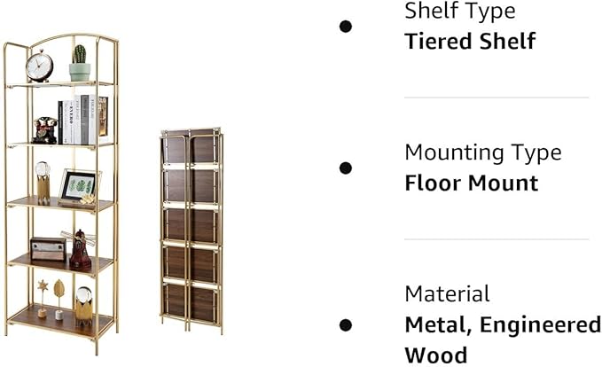 No Assembly Folding Bookshelf, 5 Tier Gold Bookshelf, Metal Book Shelf for Storage, Folding Bookcase for Office Organization and Storage, 12.87" D x 22.91" W x 68.1" H