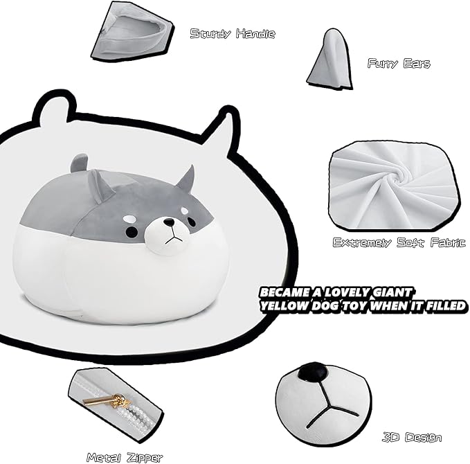Stuffed Animal Storage Bean Bag Chair Cover for Kids Grey Shiba Inu Dog Bean Bag Chair for Girls X-Large Size Toy Organizer Cover Only Without Filling