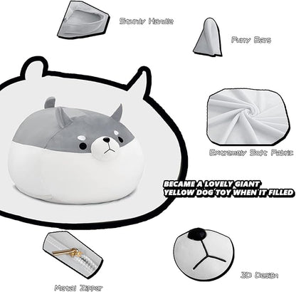 Stuffed Animal Storage Bean Bag Chair Cover for Kids Grey Shiba Inu Dog Bean Bag Chair for Girls X-Large Size Toy Organizer Cover Only Without Filling