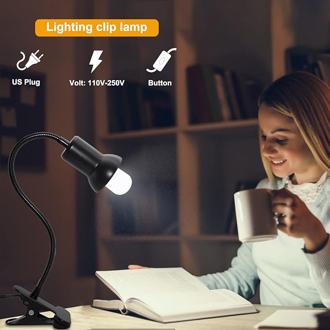 Desk Clip Lamp Holder Clamp Clip on Light with 40CM Swing Arm 360 ° Flexible Gooseneck Clip Lamp with 220CM Cable E27 Reading Clip Lamp for Bedroom Turtle Heating Lamps