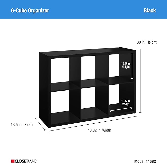ClosetMaid 6 Cube Storage Shelf Organizer Bookshelf with Open Back, Vertical or Horizontal, Easy Assembly, Wood, Black Finish