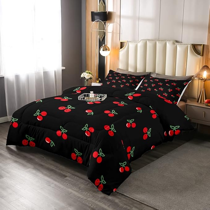 Erosebridal Red Cherry Bedding Set for Kids, Fruit Kawaii Comforter Set King, Cute Cherry Cartoon Quilted Duvet for Boys Girls Women Bedroom Decor, Reversible Luxury Cherry Quilted Comforter, Black