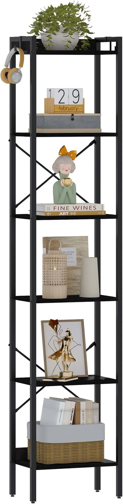 Bookshelf, Book Shelf, Industrial Bookcase with 2 Hooks, Coner Shelf Storage Organizer for Home Office, Living Room, Bedroom, Kitchen, 6-Tier Black BC10704B