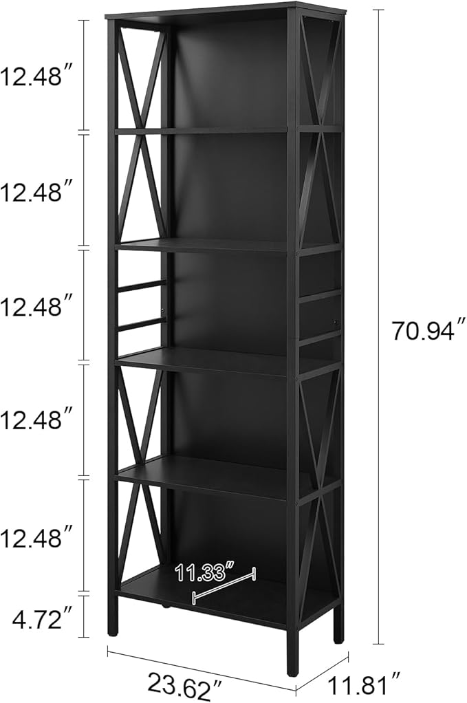 HOMISSUE Bookshelf, 6-Tier Bookshelf, Rustic Wood Metal Bookshelves and Bookcases, Freestanding Open Bookshelf, Industrial Tall Bookcase for Home Office, Living Room and Bedroom, Black