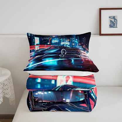 Feelyou City Racing Car Bedding Set Queen Size for Kids Boys Extreme Sport Games Comforter Set Teens Toddler Fast and Furious Duvet Set Cool Modern Quilt Set 3Pcs