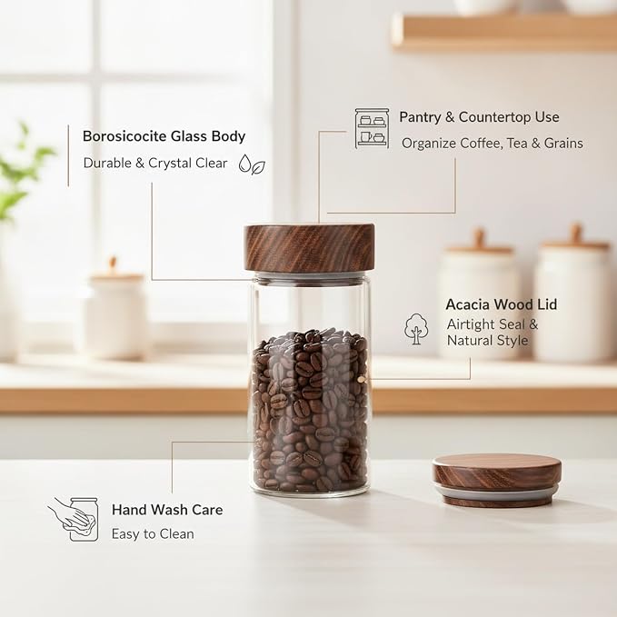 Glass Storage Jar with Acacia Wood Lid, Borosilicate Food Canister for Coffee Beans Tea Sugar Dry Pantry Staples (1 PC)