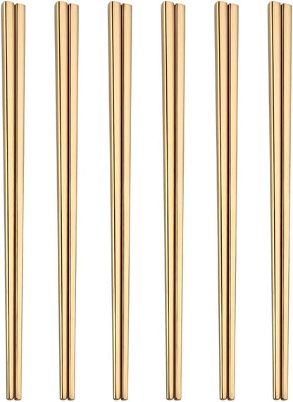 Stainless Steel Chopsticks,Reusable ,Dishwasher Safe , Easy to Use（6 PCS,golden）