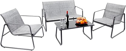 4 Piece Patio Outdoor Furniture Set with Strong Powder Coated Metal Frame One Love Seat, Two Single Chairs and one Table for Porch, Balcony, Backyad, Patio Conversation Set (Grey)