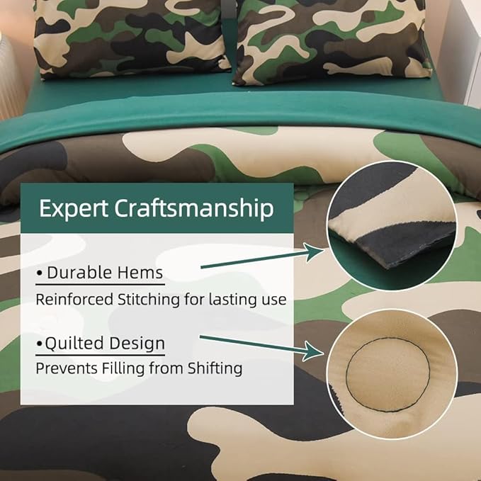 Meeting Story Camouflage Bedding Set, Colorful Pattern Style Comforter Set, 5 PCS One Comforter Two Pillowcases Two Sheets in One Bag, All Season Bedspread for Teens Adults (Green, Queen 5Pcs)