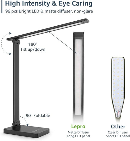 Lepro LED Desk Lamp for Home Office, 9.5W 750LM Metal Touch Control Desk Light, 5 Color Modes 5 Brightness Level, Eye Caring Task Lamp For Reading, Sewing, Crafts, School Supplies, Puzzle Light, Black