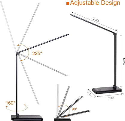 LED Desk Lamp Dimmable Table Reading Lamp with USB Charging Port, 5 Lighting Modes, Sensitive Control, 30/60 Minutes Auto-Off Timer, Eye-Caring Office Lamp (Black)