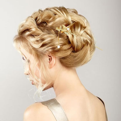 10PCS Gold Decorative Vintage Retro Pearl Gold Metal Hair Sticks Pins with Pendants Chinese Hanfu Asian Flower Butterfly Hair Chopsticks Hair Bun Updo Holders Long Thick Hair Accessories for Women