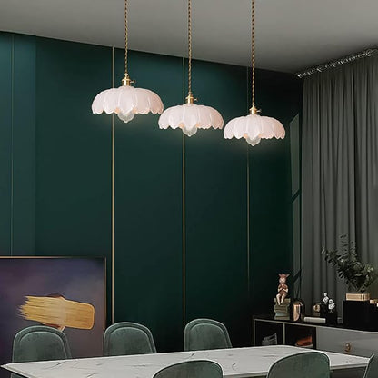 Mid Century Modern Pendant Light Nordic White Chandelier with Hand Blown Flower Glass Shade Brass Adjustable Height Dining Table Pendant Lamp with Switch for Kitchen Island Dining Room Hotel