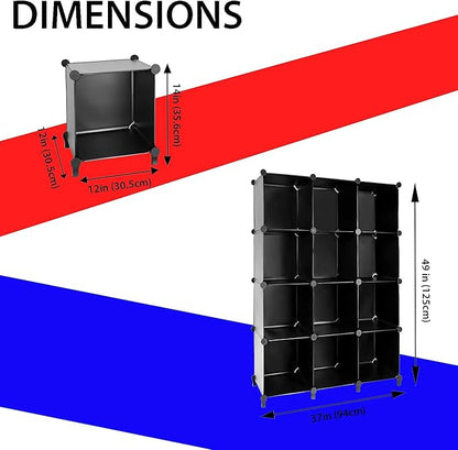 Gold Armour Cube Storage 12-Cube Bookshelf Closet Organizer Storage Shelves Cubes Organizer Plastic Square Book Shelf Bookcase DIY Closet Cabinet Organizer Shelving for Home Office Bedroom (Black)