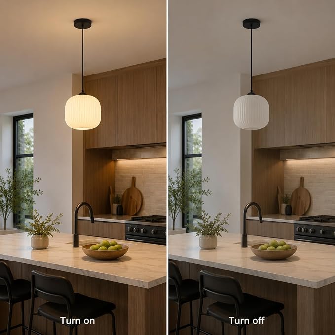 KCO Lighting Small Vintage 7.9” Black White Milk Ribbed Glass Pendant Light | Adjustable Cord E26 Hardwired Mid Century Modern Hanging Light for Sloped Ceilings Kitchen Island Bar Bedroom Dining Room
