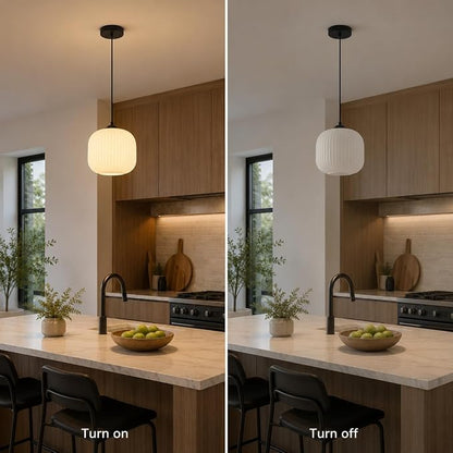 KCO Lighting Small Vintage 7.9” Black White Milk Ribbed Glass Pendant Light | Adjustable Cord E26 Hardwired Mid Century Modern Hanging Light for Sloped Ceilings Kitchen Island Bar Bedroom Dining Room