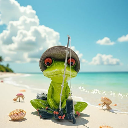 Frog Fishing Decor, Summer Garden Statues, Ocean Beach Decorations, Home Bookshelf Desktop Statues Shelves Bathroom Decorative Ornaments Gift (Frog Fishing)