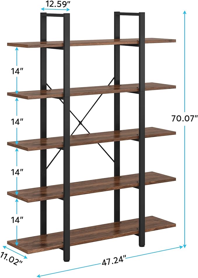 Tribesigns 5-Tier Bookshelf, Vintage Industrial Style Bookcase 72 H x 12 W x 47L Inches, Retro Brown