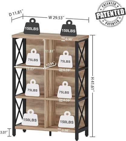 FATORRI Rustic 6 Cube Storage Organizer Shelf, Wood and Metal Cubby Bookcase, Industrial 4 Tier Cube Bookshelf (Rustic Oak)