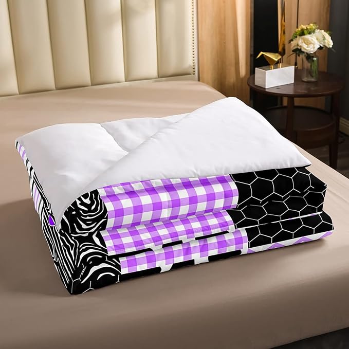 Erosebridal Cute Cow Print Comforter Set Queen Size Kawaii Highland Cow Bedding Set Bedroom Decor Honeycomb Plaid Pattern Geometric Stripes Down Comforter Farm Animals Duvet Set, Purple Black Grey
