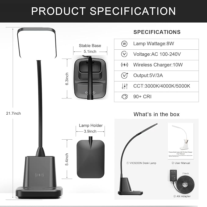 Desk Lamp for Home Office, LED Desk Lamp with Wireless Charger Pen Holder, Dimmable Desk Light with 3 Color Modes, Black Office Lamp for Dorm