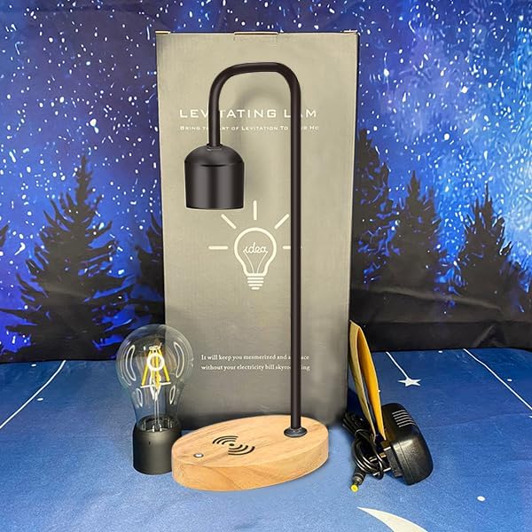 Magnetic Levitating Light Bulb Levitation Real Wood Black Floating Desk Lamp LED Night Lights with Luxury Wireless Charging Pad (Apple/Android) for Christmas Gift