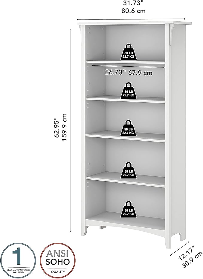 Bush Furniture BSH24463038 Salinas 5-Shelf 63-Inch H Bookcase, Pure White