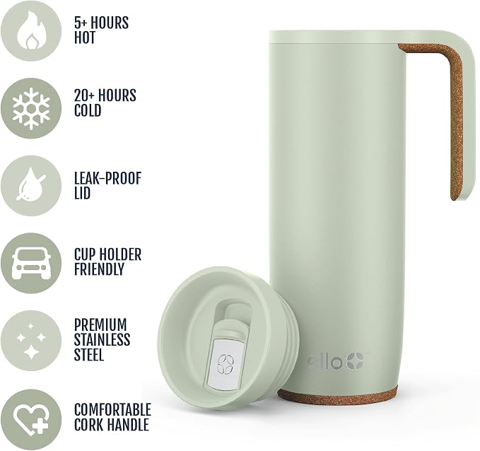 Ello Magnet 18oz Vacuum Insulated Stainless Steel Travel Mug with Side Handle and Leak-Proof Slider Lid and Built-in Coaster, Keeps Hot for 5 Hours, Perfect for Coffee or Tea, BPA-Free