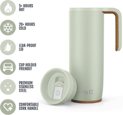 Ello Magnet 18oz Vacuum Insulated Stainless Steel Travel Mug with Side Handle and Leak-Proof Slider Lid and Built-in Coaster, Keeps Hot for 5 Hours, Perfect for Coffee or Tea, BPA-Free