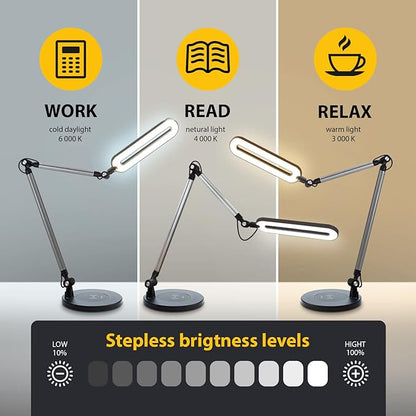 Led Desk Lamp | Architect Desk Lamps for Home Office | Desk Light Swing Arm with Wireless Charger, Adjustable Color temp & Brightness | Tall Table Lamp for Work, Reading, Study, Computer Monitor